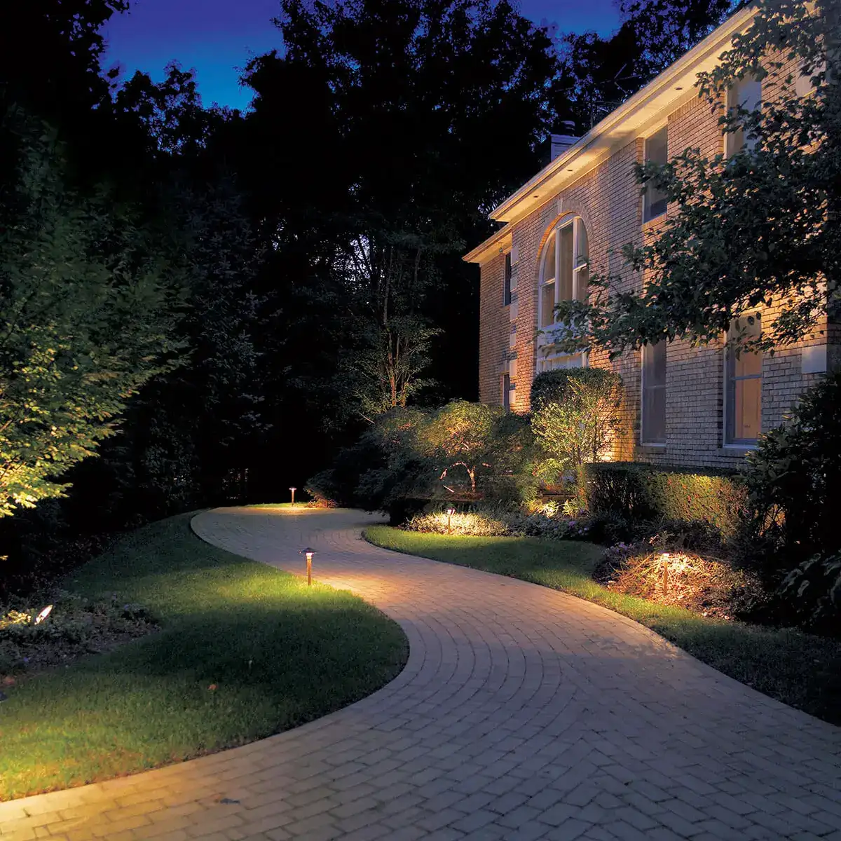 Paver walkway and landscape beds lit by path lighting at night